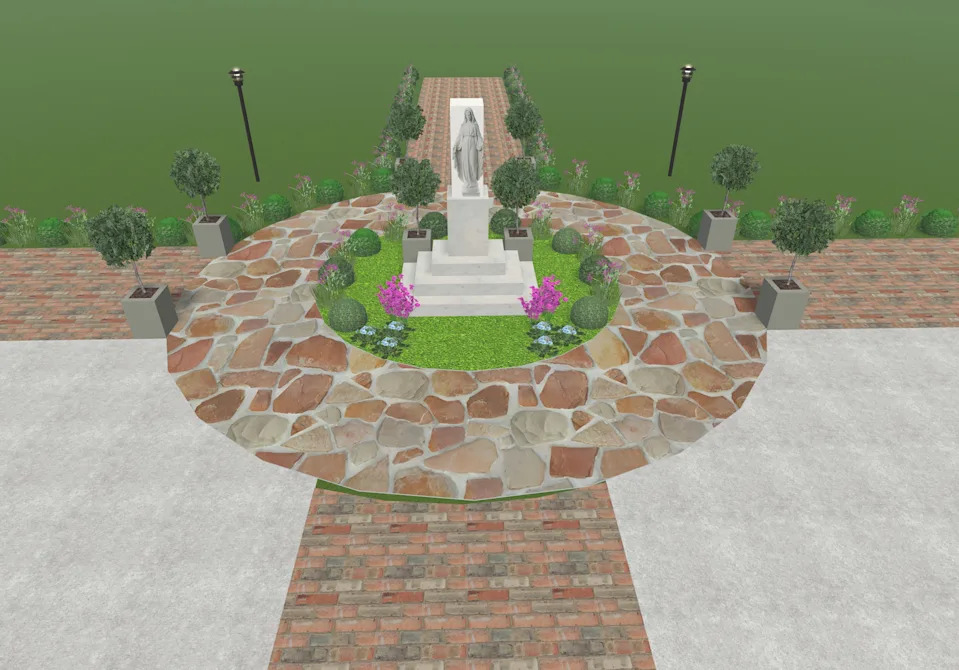 Images conceptuelles du prochain projet de jardin de la paix de Mary à l'Église catholique du prince de la paix d'Ormond Beach, composé de petits monuments aux stations de la croix, une toute nouvelle statue en marbre de la Vierge Marie et plus dans le cadre du nouvel espace de sanctuaire extérieur.