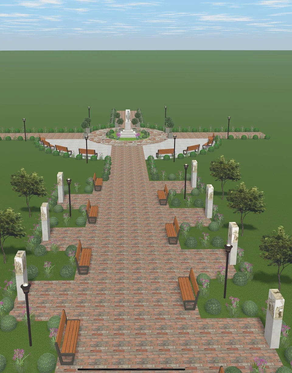 Images conceptuelles du prochain projet de jardin de la paix de Mary à l'Église catholique du prince de la paix d'Ormond Beach, composé de petits monuments aux stations de la croix, une toute nouvelle statue en marbre de la Vierge Marie et plus dans le cadre du nouvel espace de sanctuaire extérieur.